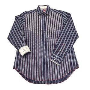 Robert Graham Shirt Mens Small Navy Blue Stripe Flip Cuff Knowledge Wisdom Truth